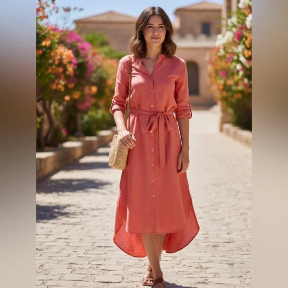 Loft Linen Blend Button Front Long Sleeve Tie Maxi Shirt Dress Coral‎ Size S - Picture 10 of 10